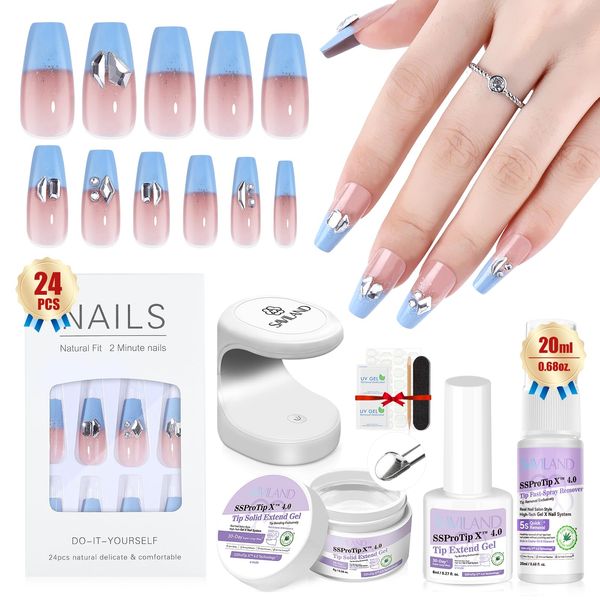 SSProTip Blue French Press On Nails Kit: Long-Wear False Nails Soft Tips Gel X Nail Kit with Nail Glue Nail Glue Remover Nail Lamp Full Cover Acrylic French Fake Tip Stick on Nails for Women Nails Art