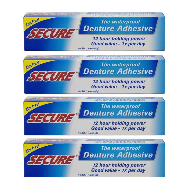 Secure Waterproof Denture Adhesive - Zinc Free - Extra Strong Hold For Upper, Lower or Partials - 1.4 oz (Pack of 4)