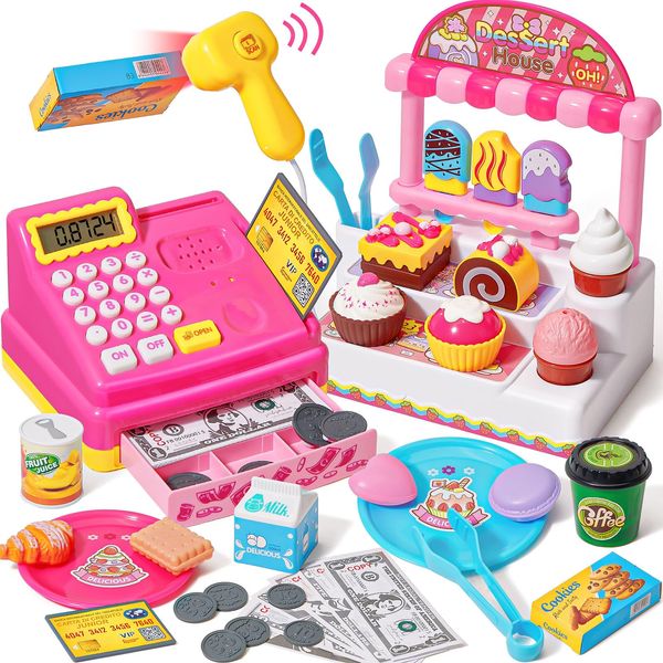 SVMK Kids Cash Register Toy Ice Cream Shop Toddlers Pretend Play Shopping Playset with Scanner Fake Money Calculator Desserts, Birthday Gift for 3 4 5 6+ Year Old Girls