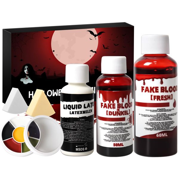 Kunstblut Halloween Schminke Set, Karnevals Make up für Zombie Vampir, SFX Make up Gefälscht Narben Wound Bilden, Frisches Fake Blood, Gesichtsfarbe, Dunkelrotes Fake Blut, Make-up Pinsel Schwamm