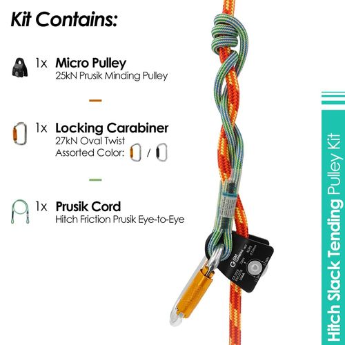 GM CLIMBING Hitch Slack Tending Pulley Kit for Double Rope Climbing System Basic Unit of General Hauling - 25kN Black Micro Prusik Minding Pulley & Oval Locking Carabiner & 30in 8mm VT Prusik