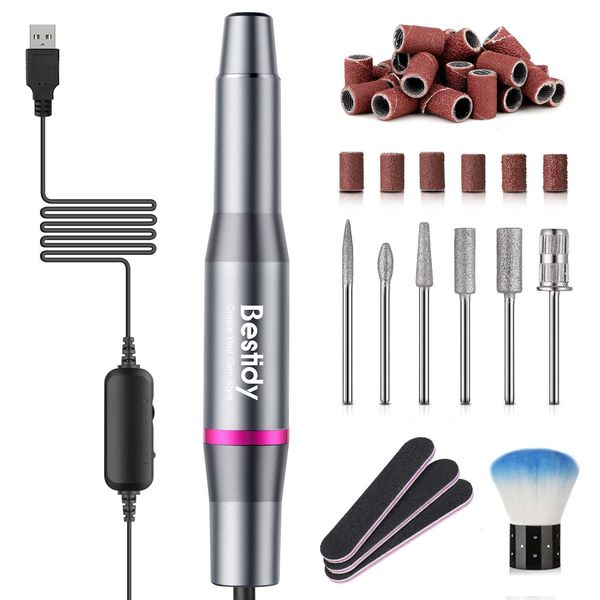 Bestidy Best Gift Electric Nail Drill Kit, USB Manicure Pen Sander Polisher with 6 Pieces Changeable Drills and Sand Bands for Exfoliating, Polishing, Nail Removing, Acrylic Nail Tools (B-Black)