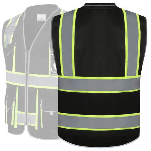 JKSafety 10 Pockets Hi-Vis Zipper Front Black Safety Vest | Cushioned Collar | High Reflective Tapes with Extended Neon Yellow Strips | Meets ANSI/ISEA Standards (Large, 89-Black)