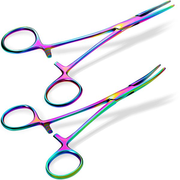 BBTO 2 Pcs Hemostat Curved and Straight Hemostat Forceps Piercing Pliers Forceps, Stainless Steel Straight and Curved Pliers, Fishing Tweezer Hemostats (Colorful)