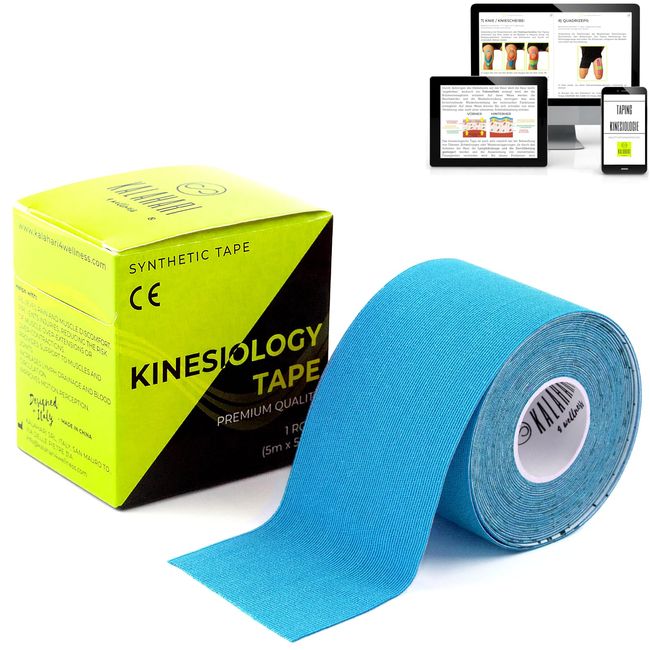 KALAHARI 1 x Kinesiologie Tape mit e-Book Anleitung auf Deutsch – Wasserfestes, Elastisches Kinesiotape für bessere Haftbarkeit und Undurchlässigkeit gegenüber Wasser und Schweiß (5cm x 5m) BLAU