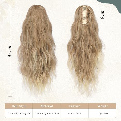 Sofeiyan Ponytail Hairpiece with Clip, Long Wavy Ponytail Extension Claw Clip in Ponytail Hair Extension, Natural Synthetic Ponytail Extension for Women, 45 cm