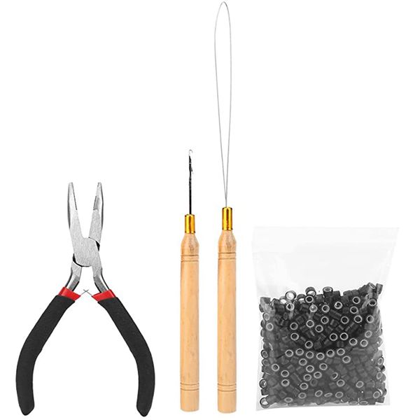 Haarverlängerungs-Set, Haarverlängerung mit Mikroring, 500 Stück, Mikroringe, Silikon, Schwarz, Zugschnalle, Häkelnadel, für Zubehör