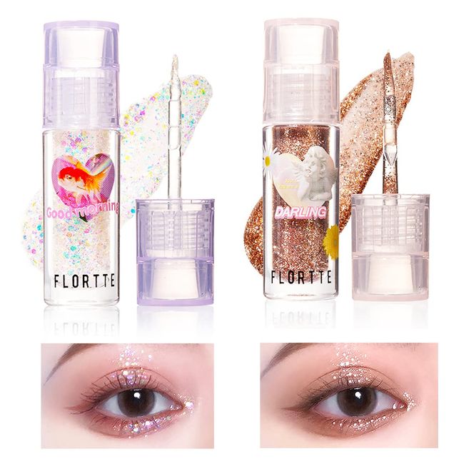 2PCS Flortte Liquid Glitter Eyeshadow, Korean Makeup Star Diamond Liquid Eyeshadow, Bling Pigmented Eye Makeup Sparkling Korean Eye Glitter, Long Lasting Glitter Eyeliner Liquid Shimmer(01+04)