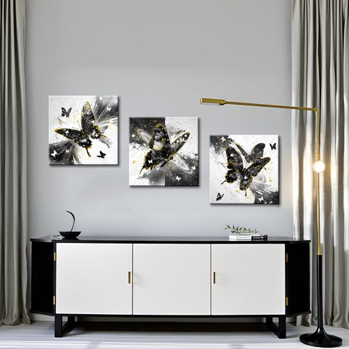 Conipit Black and Gold Butterfly Wall Art Abstract Butterfly Pictures Galaxy Canvas Wall Decor For Bathroom Living Room Decor 12''X12'' Each Panel (black)