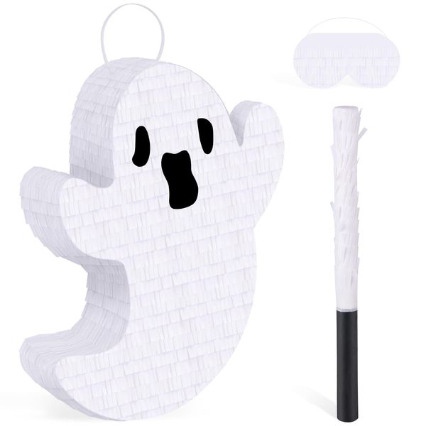 Spooky Ghost Pinata with Stick and Blindfold - Halloween Pinata Mexican Decorations for Halloween Party Supplies Kids Birthday Game Parties Ghost Themed Fillable Pinata