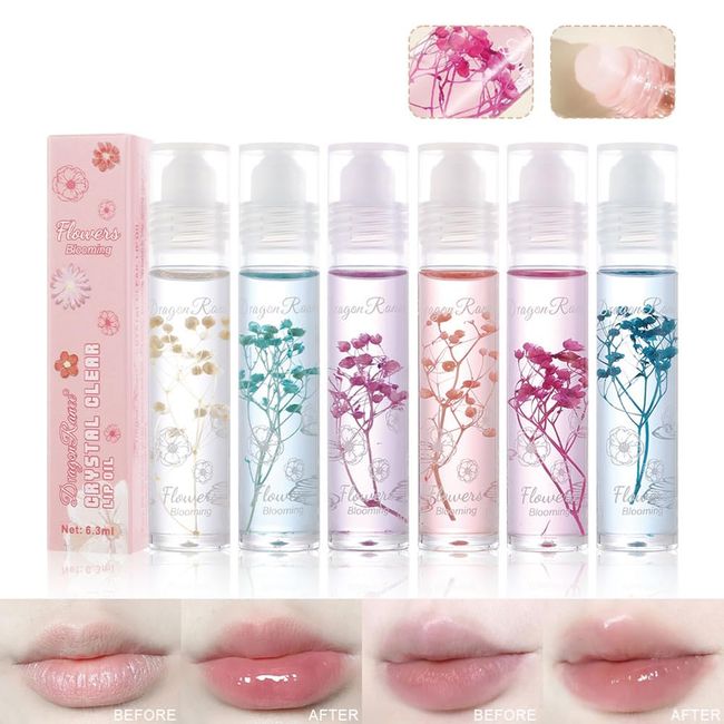 Roll On Lip Gloss Set 6 Packs Flower Jelly Lip Oil Long Lasting Moisturizer Lip Blam with Real Flowers Glossy Lip Make-up for Dry and Chapped Lips