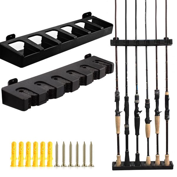 Pacify Rod Stand, Fishing Rod Rack, Wall Mounted, Storage for 6 Fishing Rods, Stable Performance, Space Saving, Rod Holder, Rod Stand, Rod Storage Clip, Compatible with Various Fishing Rods, Screws Included (Landary)