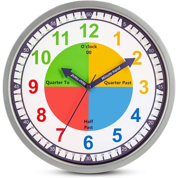 Bernhard Products Colorful Kids Wall Clock Teaching Time Telling Silent Non-Ticking Educational Learning Tool, Colored Numbers for Children Teachers Homeschool and Parents, School Classroom Playroom