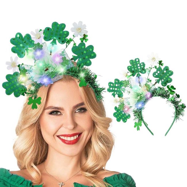 Campsis St.Patrick's Day Headband Green Light Up Shamrock Headbands Led Saint Patricks Day Hair Accessories Flower Irish Day Hair Hoops for Women and Girls