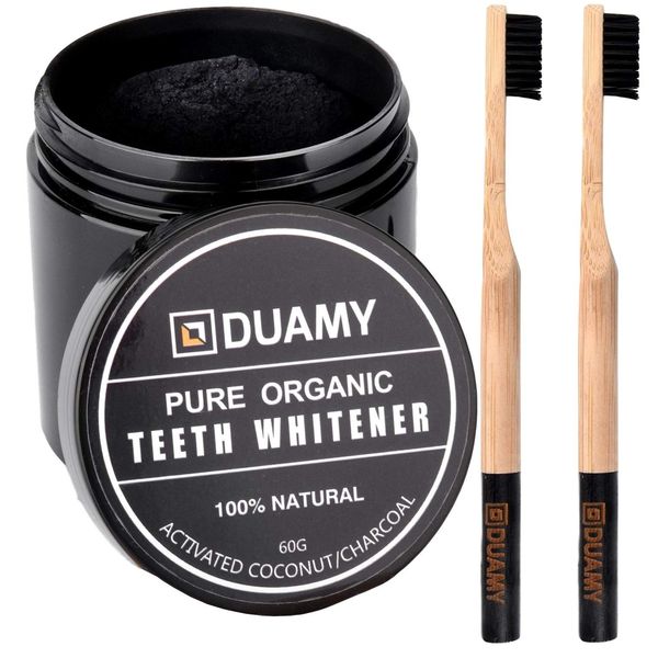 Organic Teeth Whitening Kit, Natural Whitening Activated Charcoal Powder, Tooth Whitening Charcoal Powder + 2 Bamboo Toothbrushes with Active Charcoal Bristles, Removes Stains from your Teeth - 2,5oz