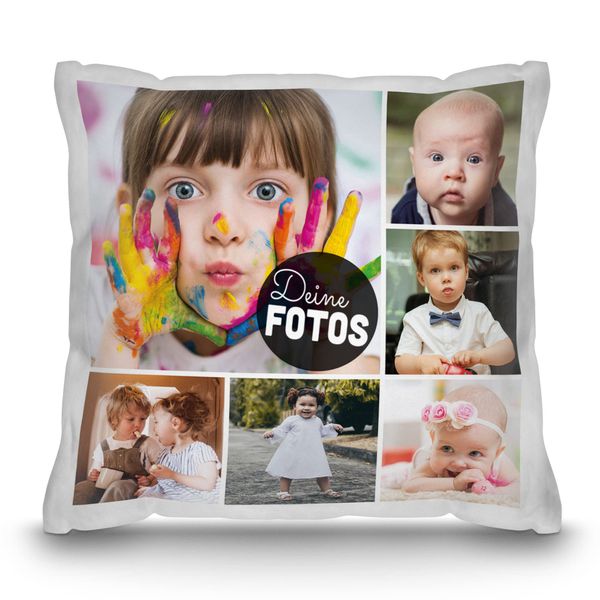 PR Print Royal Fotokissen mit Collage selbst gestalten - mit 6 Fotos Personalisieren - Geschenk für Familie und Freunde | Weiss Polyester, inkl. Kissenfüllung, 40x40cm
