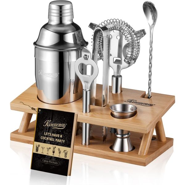 KITESSENSU Cocktail Shaker Set Bartender Kit, 6-Piece Silver Bar Set with Stand, Bar kit with Essential Bar Accessory Tools: Martini Shaker, Jigger, Strainer, Bar Spoon, Tongs, Opener