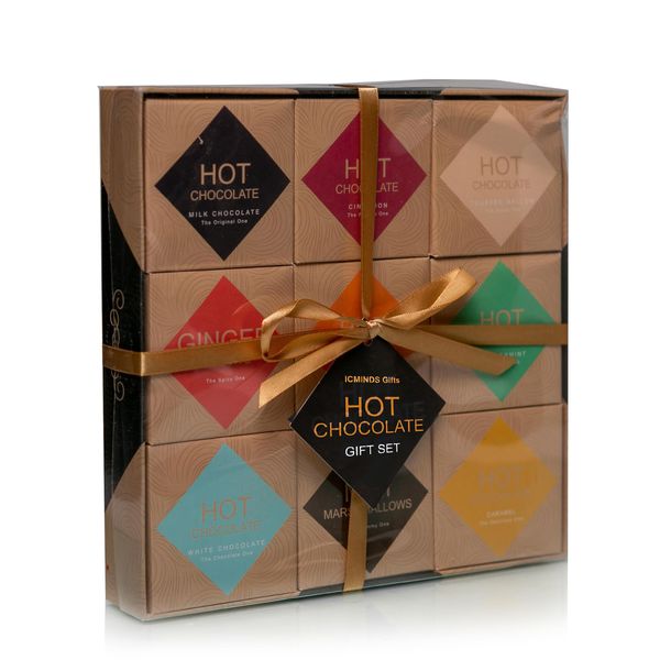 Hot Chocolate Gift set with marshmallow & gingerbread men - 9 packs Flavoured Hot Chocolate Powder includes 9 unique flavours of milk chocolate, chocolate orange, salted caramel and more