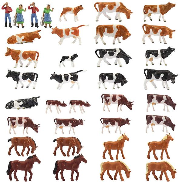 Evemodel 36PCS Model Railway 1:87 Well Painted Farm Animals HO Scale Cows Horses Figures Mini Garden Decoration