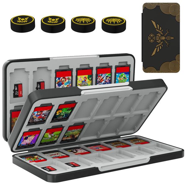 TiMOVO 48 Game Card Case for Nintendo Switch OLED/Switch/Switch lite, 4pcs Switch Thumb Grips for Zelda: Tears of The Kingdom, 48 Game Holder Cartridge Case for Game Cards and 24 SD Cards, Black Eagle