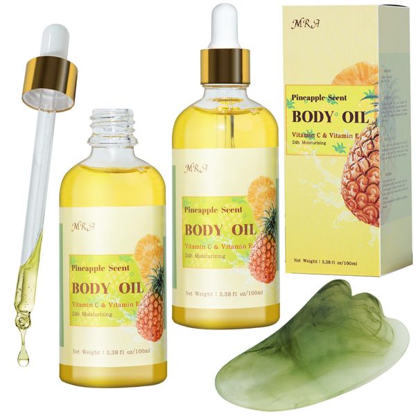 MR.A 2 Pack Pineapple Juice Scented Body Oil, Vitamin E Hydrating Body Oil with Jojoba Oil, Pineapple Body Oil after Shower for Dry Skin, Massage Oil Guasha Oil with Guasha Tool