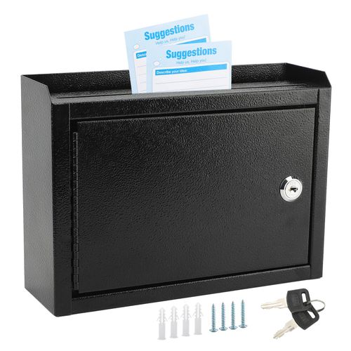 MaxGear Metal Suggestion Box with Lock, Seure Locked Mail Box,Wall Mounted Mailbox Drop Box with Lock, Ballot Box Safe Money Box with 50 Suggestion Cards 9.8‘’ x 3‘’ x 7‘’ - Black