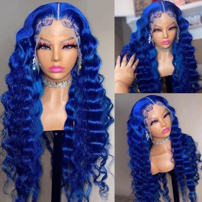 WKIPYCPK Blue Lace Front Wig Loose Curly Wave Hair Navy Blue Wigs for Black Women Glueless 24 Inch Synthetic Lace Front Wigs Pre Plucked Hairline