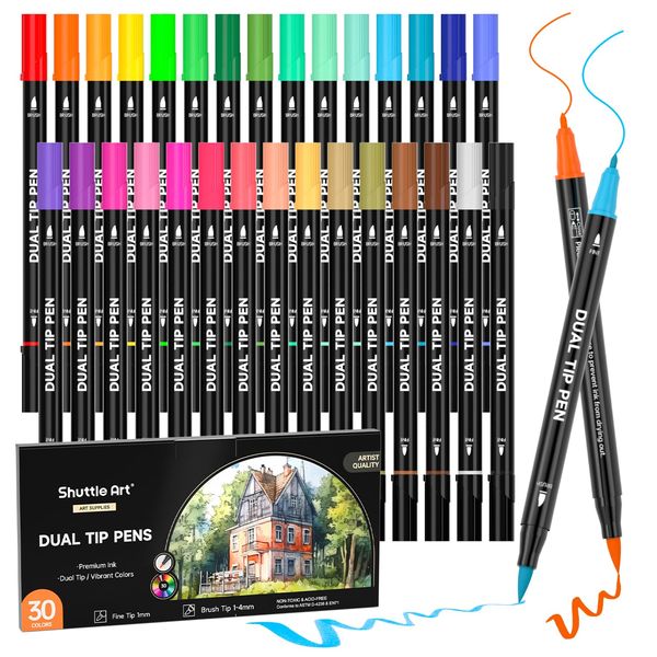 Shuttle Art Dual Tip Brush Pens Art Markers, 30 Colors Dual Tip Calligraphy Pens Fine and Brush Dual Tip Markers Set Perfect for Kids Adult Artist Calligraphy Hand Lettering Journal Doodling Writing