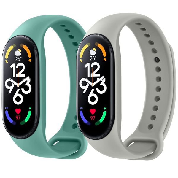 Tobfit [2 Pack] Strap compatible for Xiaomi Mi Band 7 Strap, Soft Silicone Replacement Strap Wristband WatchBand Accessories for Xiaomi Mi Smart Band 7 (Grey+Green)