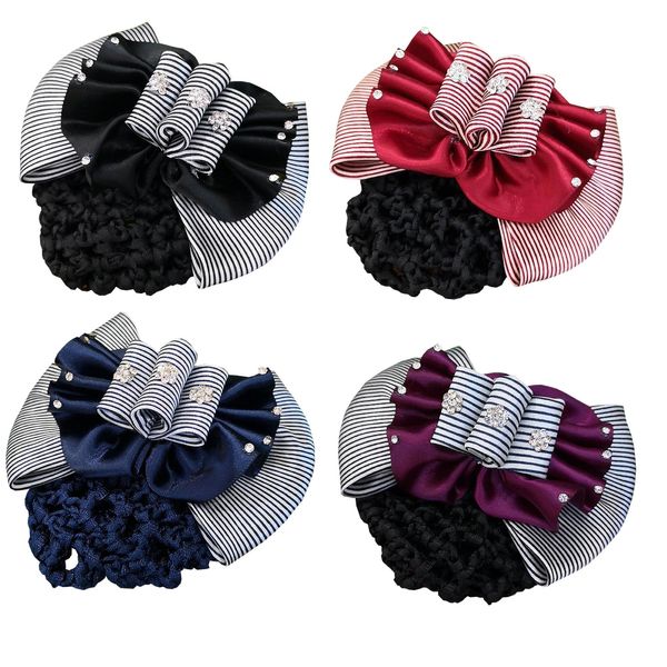 Barrettes with Bun Cover Hairnet, Hair Bow Snood Clip with Hairbun Net For Ballet Dance or Work Clothes F-J-H2 (Set of 4 - Black, Red, Navy Blue, Purple)