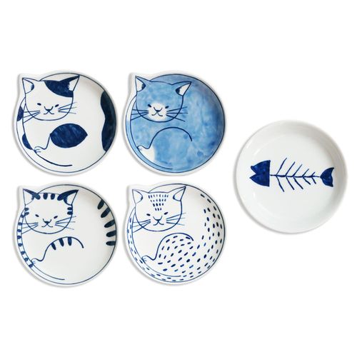 Ishimaru Pottery 303302B500 Hasamiyaki, Neco, Cat Pattern, Plate, Small Plate, 5.5 inches (14 cm) Diameter, 5 Piece Dinnerware Set, Present, Cat Goods, Miscellaneous Goods, Microwave, Dishwasher Safe,