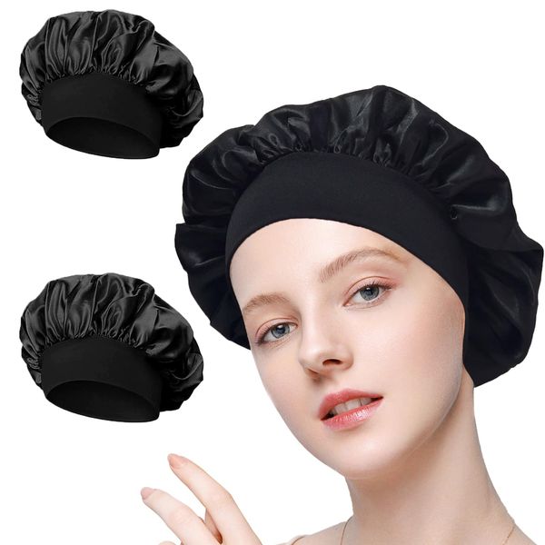 2Pcs Silk Bonnet for Sleeping,Silk Bonnet,Satin Bonnet,Silk Hair Wrap for Sleeping,Hair Bonnet for Sleeping,Silk Bonnet for Straight and Curly Hair,Hair Care Head Cover Elastic Hat(Black)