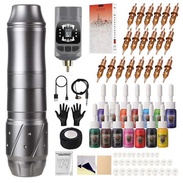 HAWINK Tattoo Kit Tattoo Gun Drahtlose Rotary Tattoo Maschine mit Tattoo Netzteil 1600mAh LCD digitale Lithium Tattoo Batterie Komplette 20Pcs Patrone 14 Tinten EM155TI201EN02-7