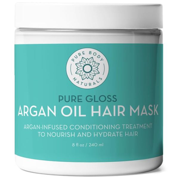 Pure Body Naturals Argan Oil Hair Mask, 8 Fluid Ounces - Argan Oil Hair Mask for Damaged Hair, Deep Conditioning Hair Treatment and Moisturizer