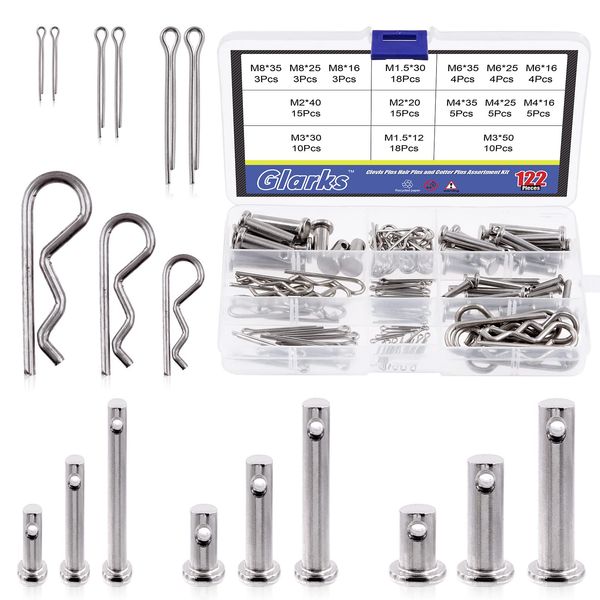 Glarks 122Pcs 4 Styles Clevis Pin/Cotter Pin/Hair Pin/Dowel Pin Assortment Set, 15 Size Metal Pin Fasteners for Automotive, Mechanics, Cars, Trucks, Lawn Mower Use