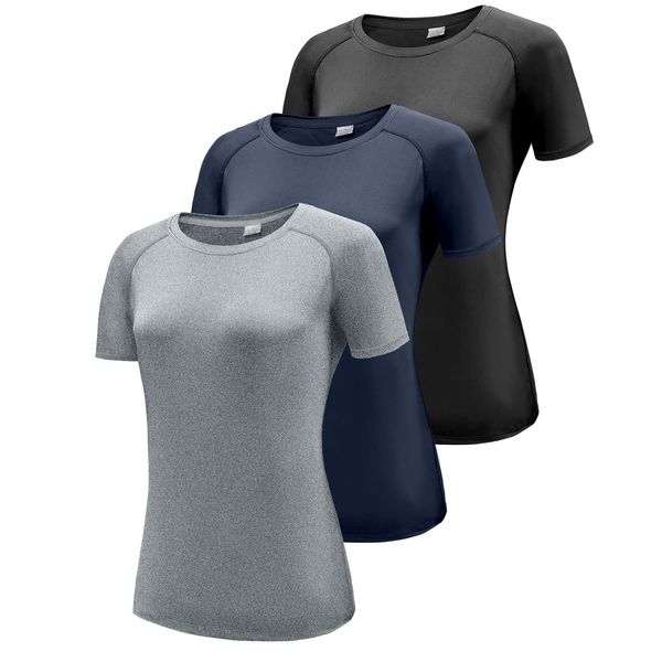 3er Pack Sport T-Shirt Damen, Fitness Sport Shirt Kurzarm Oberteile, Rundhals Funktionsshirt Laufshirt für Frauen, Workout Tops, Gym Yoga Shirt Damen, kurzarm Trainingsshirt Black/Navy/HGrey 3P13-M