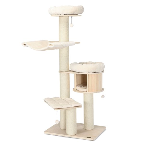 Petsjoy Cat Tree House 68.5” 4-Layer Wooden Kitten Activity Tower w/ Sisal Posts