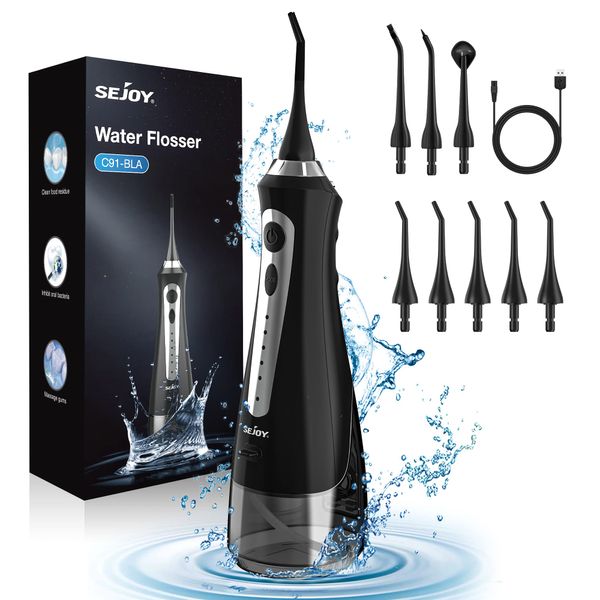 Sejoy Munddusche Kabellos Elektrisch, Oral Irrigator Dental, Zahnreinigung für Dental Clean, 8 Ersatzdüsen 5 Modi, IPX7 Wasserdicht 230ml, USB Wiederaufladbarer, Water Flosser für Reise