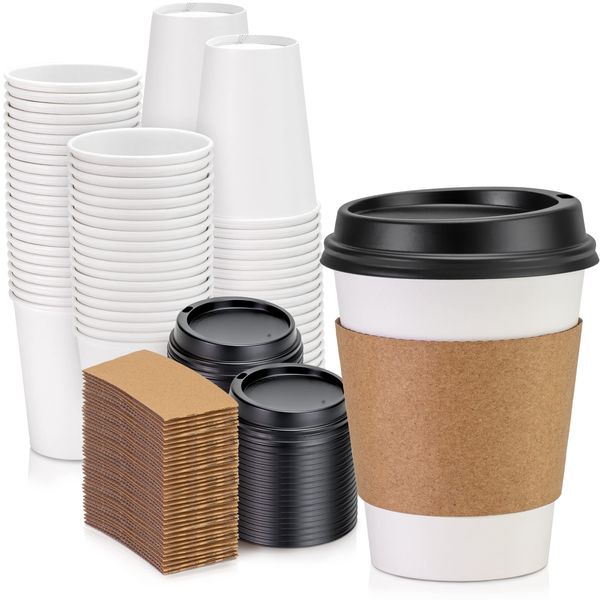 Fit Meal Prep 50 Pack 12 oz Disposable Coffee Cups with Lids, Sleeves and Stirrers, Premium To Go Coffee Cups with Lids, Durable Thickened Hot White Paper Cup for Cold/Hot Beverage Chocolate Cocoa