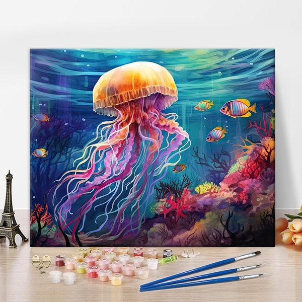 TISHIRON Paint by Numbers, Jellyfish Adult Paint by Number for Wall Decor, Sea with Fish Paint by Numbers, Wild Marine Animals 16x20 inch Oil Painting Kits Gift for Kids and Adults Without Frame