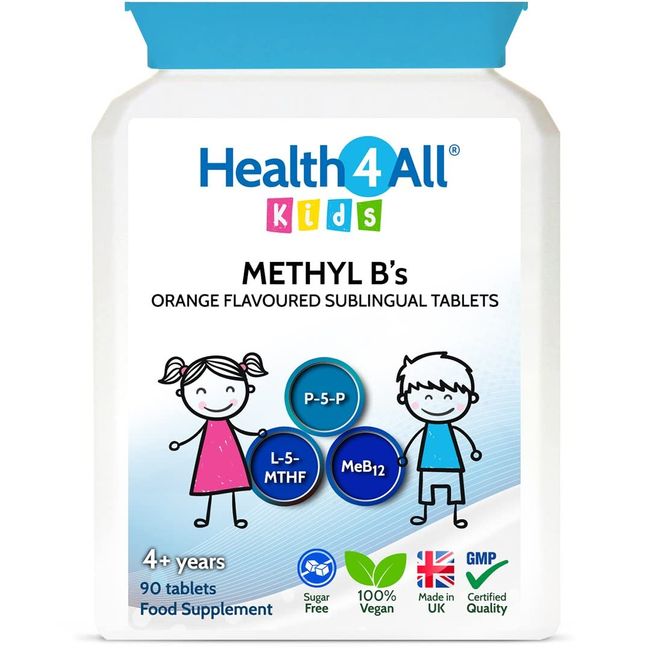 Health4All Kids Methyl B's 90 Tablets for Children for Stress & Mood Support. Sublingual Vegan pre-methylated B12 Methylcobalamin, 5-Methylfolate and Vitamin B6 P-5-P