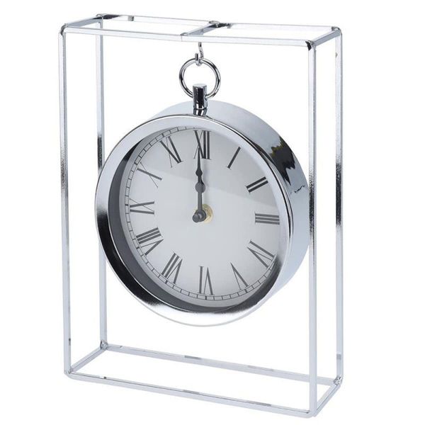 25cm Stylish Silver Hanging Table Clock | Suspended Chrome Mantel Clock | Living Room Round Hanging Mantle Clock In Chrome Frame