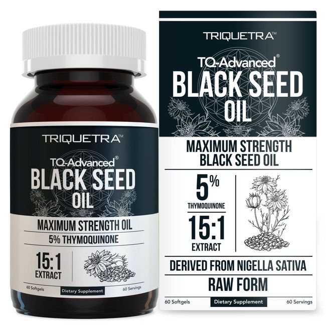 Black Seed Oil Capsules | 5% Thymoquinone - TQ-Advanced® | Maximum Strength - 500 mg of Oil per Capsule - 15:1 Oil Concentrate from Nigella Sativa, Raw Form, Vegan, Glass Bottle (60 Capsules)