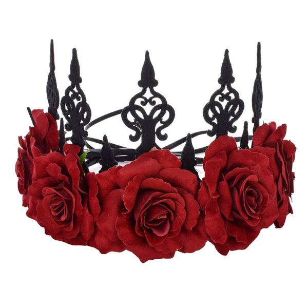 Floral Fall Rose Red Rose Flower Crown Woodland Hair Wreath Festival Headband F-67 (Tiara Burgundy)