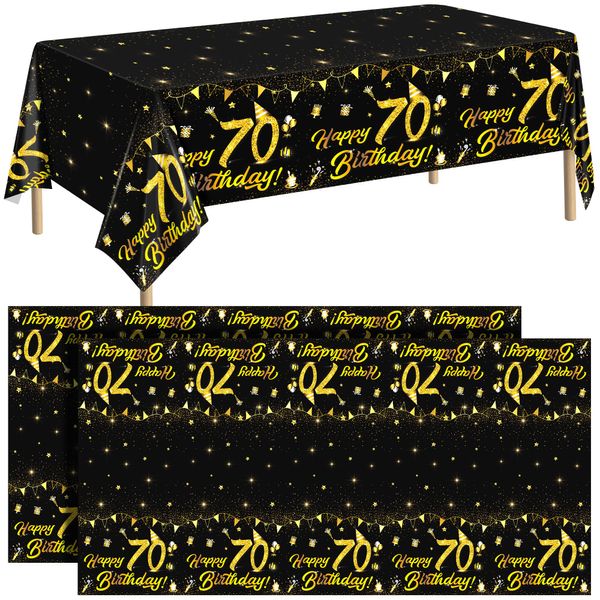 durony 2 Pack 70th Birthday Tablecloth Table Cover Plastic Black Gold Happy Tablecloth Waterproof Rectangular Table Cloth Cover for Indoor or Outdoor Parties Birthday