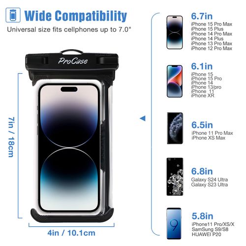 ProCase 2 Pack Waterproof Phone Pouch, Underwater Phone Case Up to 7", Dry Bag for iPhone 16 15 14 13 Pro Plus Max, Galaxy S24 S23 S22 Ultra Pixel, Beach Essentials -Black