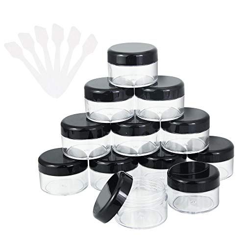GOLRISEN Cosmetic Container,12pcs Plastic Travel Jars,with Black Screw Lids 15ml Sample Containers Pots Bottles and 6pcs Spatulas for DIY Travel Makeup Creams/Powder/Mineral Make Up Cosmetic