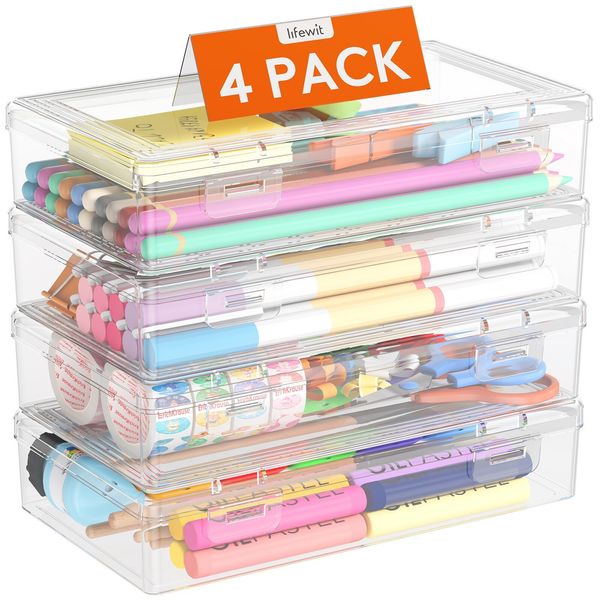 Lifewit Plastic Pencil Box with Lid, Large Capacity Hard Pencil Case, 4 Pack