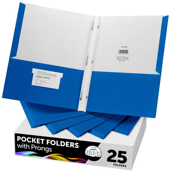 FILE-EZ Two-Pocket Folders with 3-Prong Fasteners, Blue Color, 25-Pack, Durable Textured Paper, Matte Finish, Letter Sheet Size (EZ-92523)