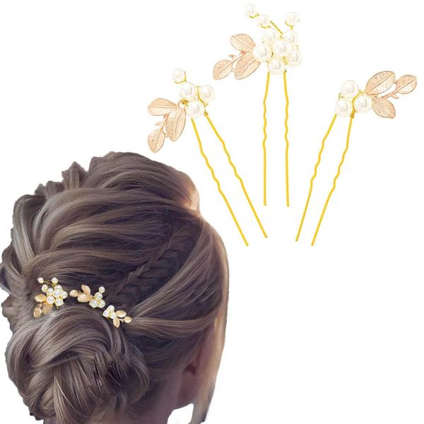 Flayem Hochzeit Haarnadeln Braut Perle Haarschmuck Perlenhaar Accessoires Golden Haarspangen für Braut und Brautjungfern（2Stück）